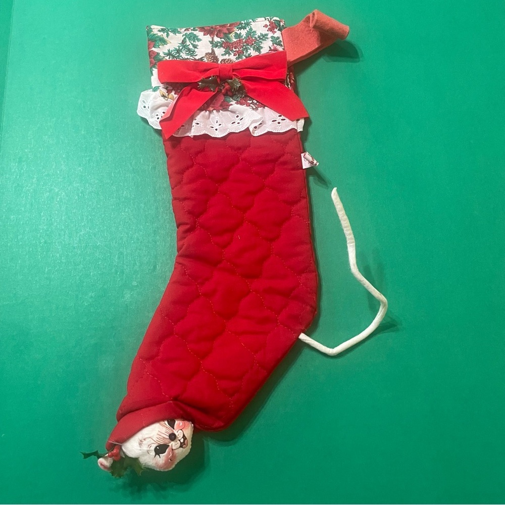 Vintage Annalee 1994 Christmas Stocking Mouse Red Quilted Holidays. Pre-owned.